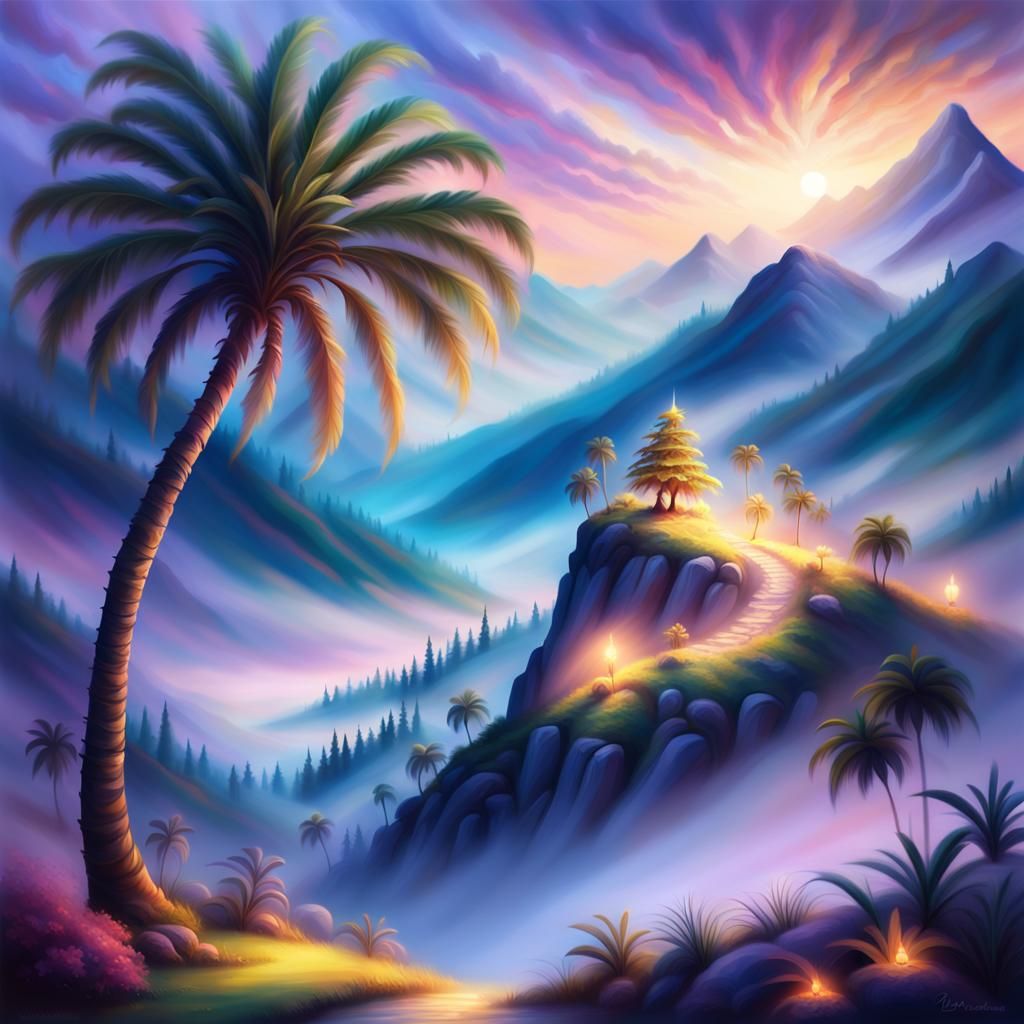 Lone Palm Tree on Misty Peak: Ethereal Digital Art
