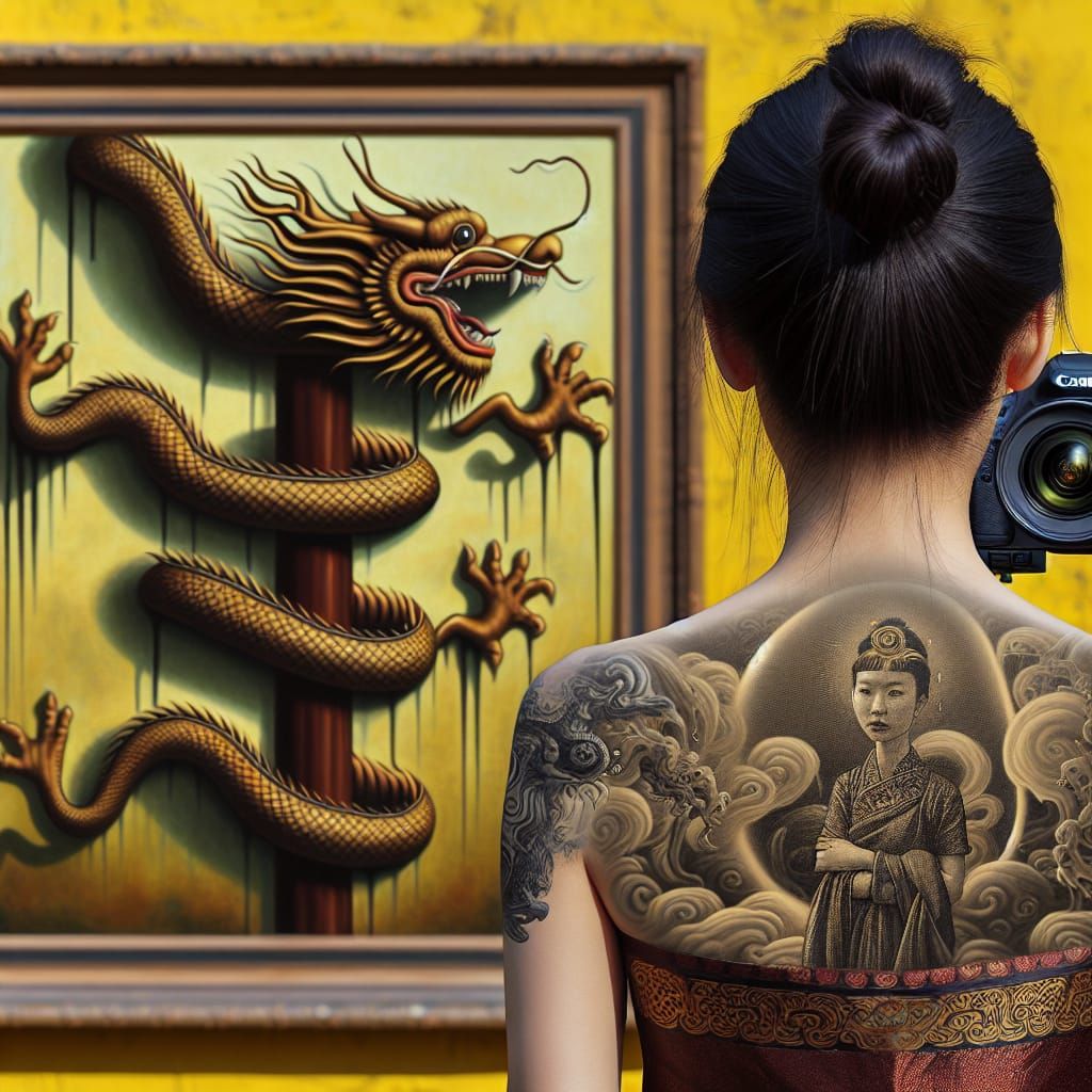 Dragon Tapestry and Tattoo in Surrealist Oil Painting