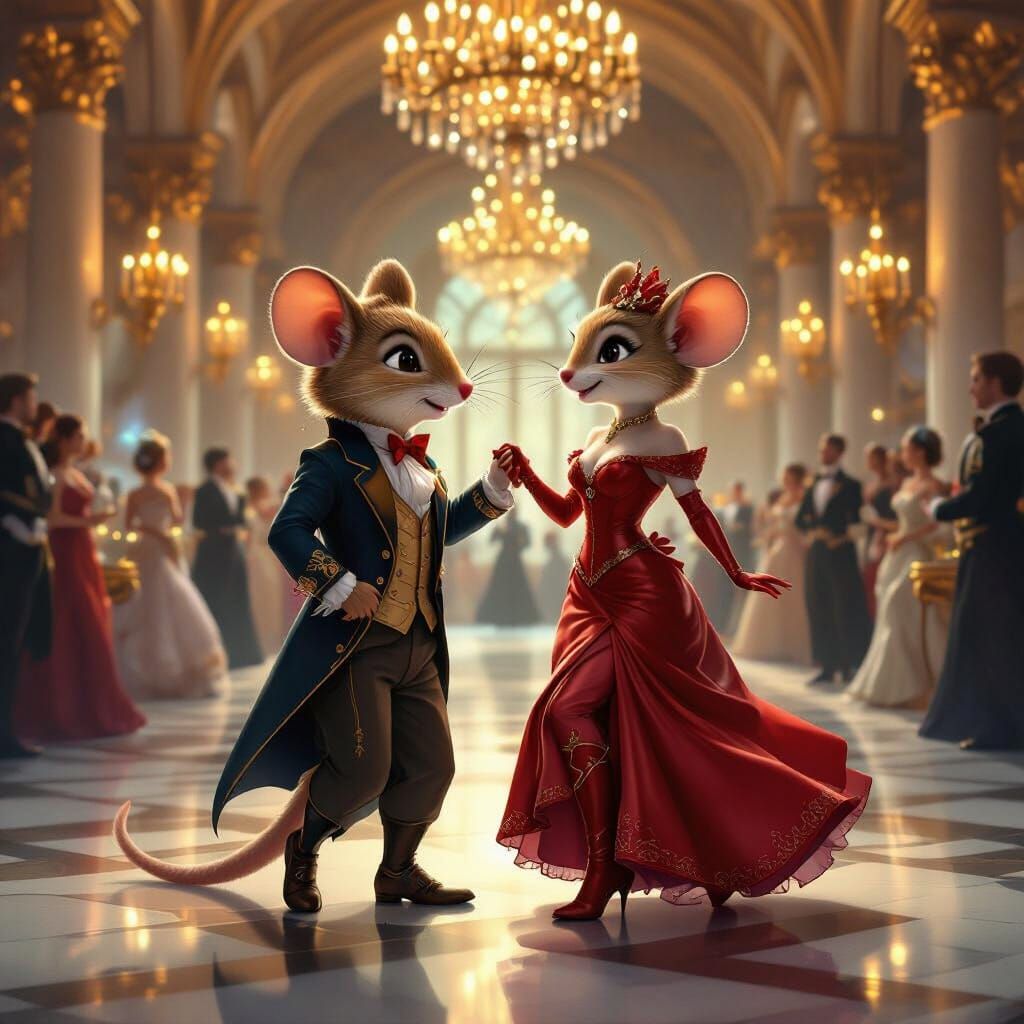 Finn, an anthropomorphic forest mouse adventurer, dressed in an elegant formal outfit, galantly dances with Kira — a stylish anthropomorphic...