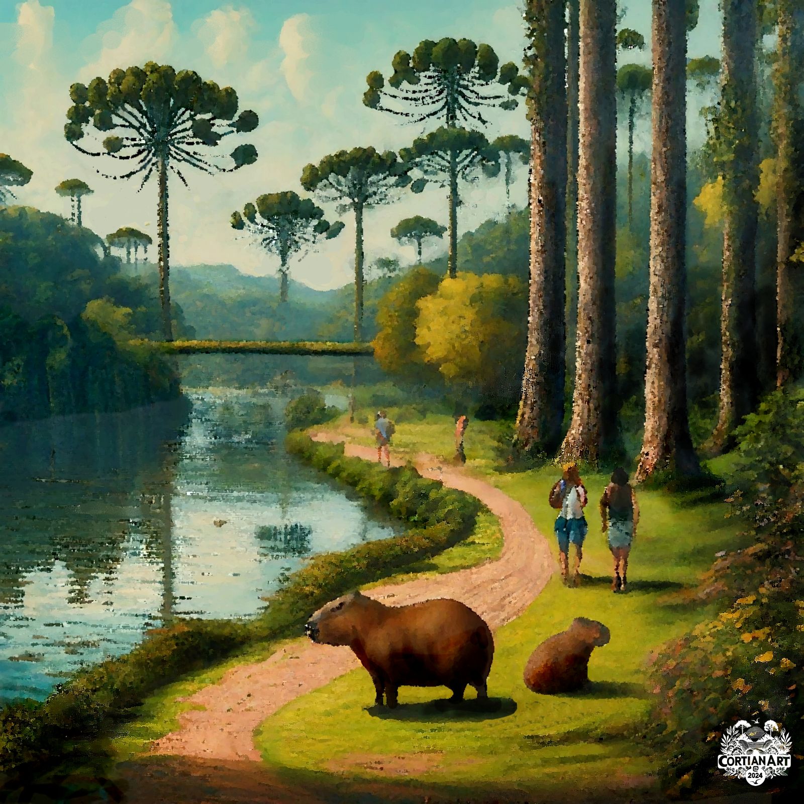 Lake, path by Barigui Park in Curitiba plus a river and a br...