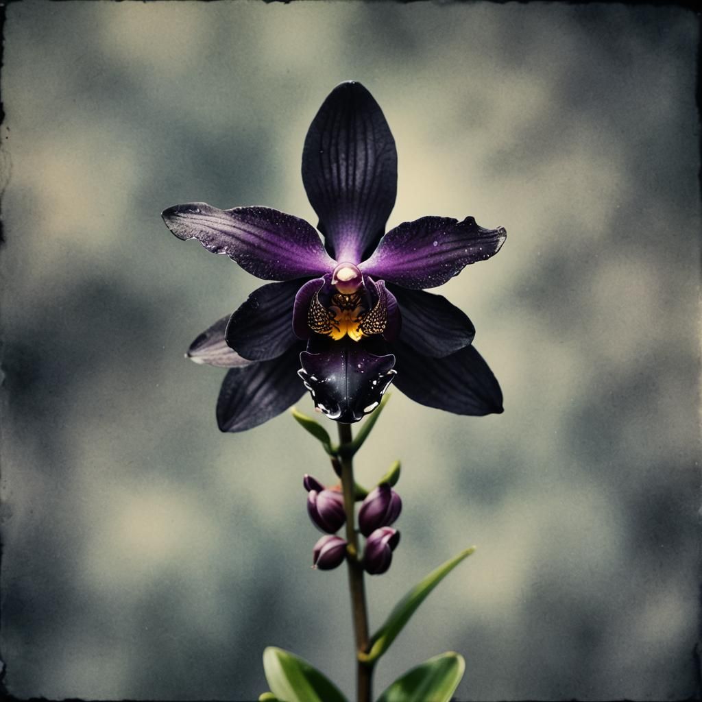 One black Orchid in bloom extreme close up watercolored   by @undefined