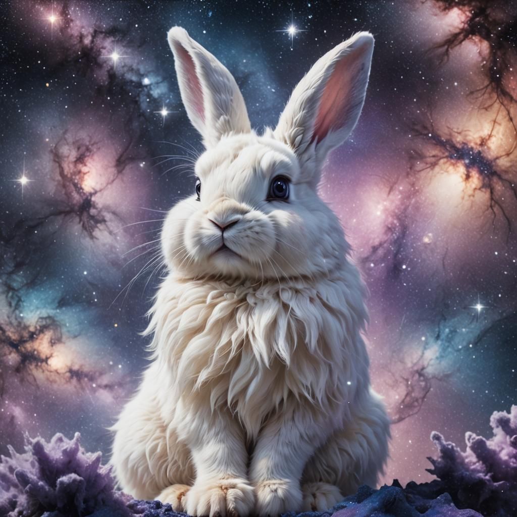 A hyperrealistic bunny with a fluffy face and fluffy body wi...