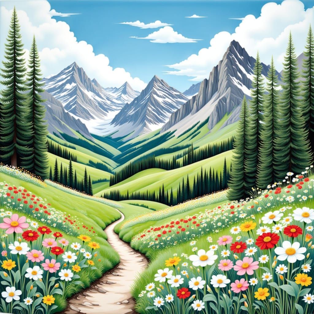 summer mountain views <lora:Scandi:1.0> intricate and detailed, artistic yet accurate