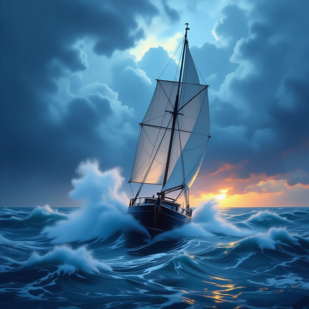 Yacht Battles Stormy Seas Under Thunderous Skies