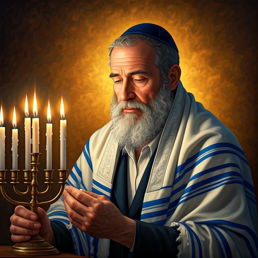 A Devout Jewish Man Lights Hanukkah Candles in a Golden Oil...