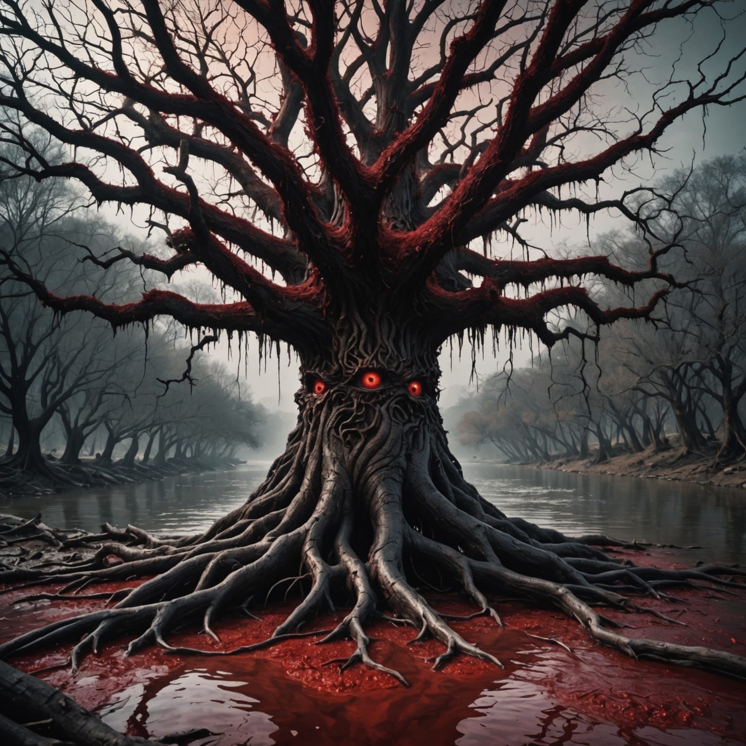 Tree of eyes in a river of blood