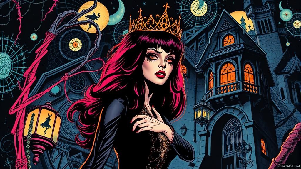 Elvira at the Eerie Haunted House. Psychedelic horror poster, fractal