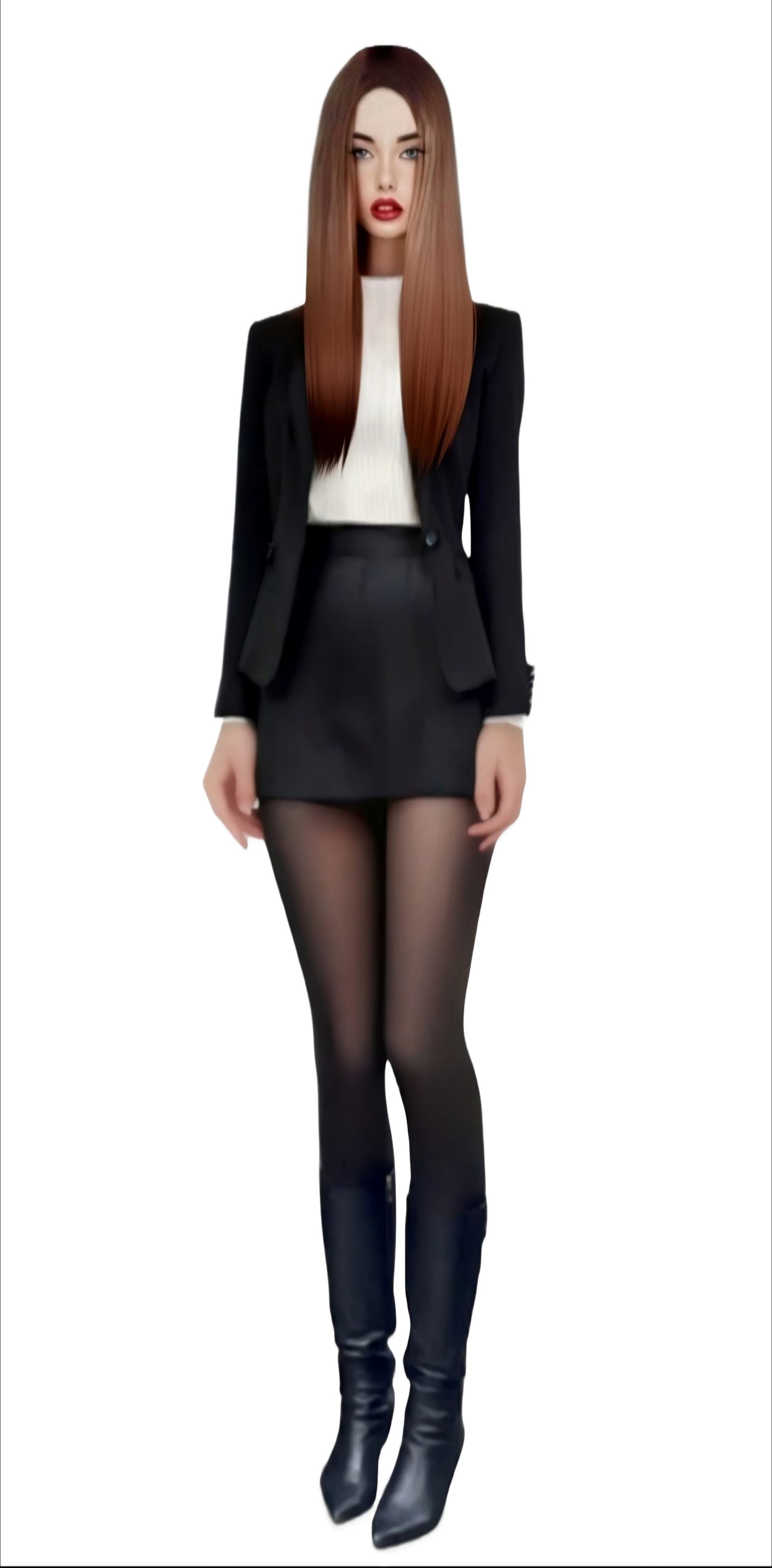 18 year old female with long straight brunette hairstyle, in elegant black blazer, white turtleneck blouse top, black sk...