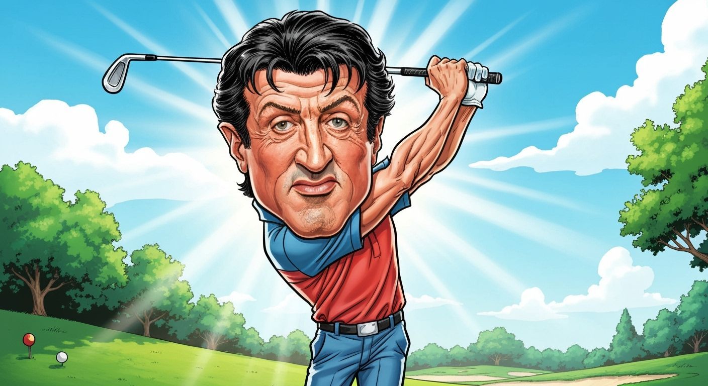 A caricature of Sylvester Stallone playing golf.  by @GMartini42