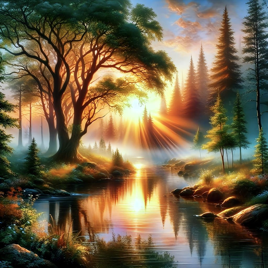 Radiant Awakening: Sunburst Over the Tranquil Forest