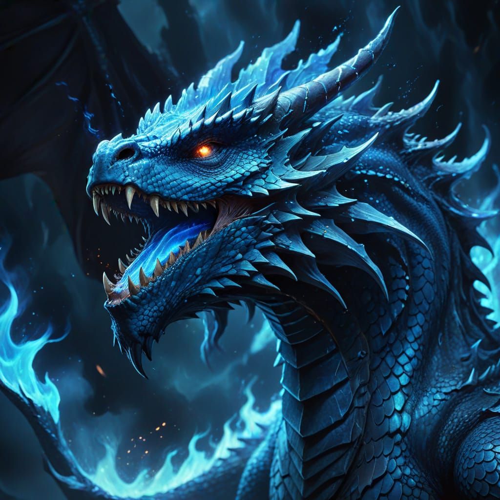 Fearsome Dragon Breathes Blue Fire in Dark Fantasy Art