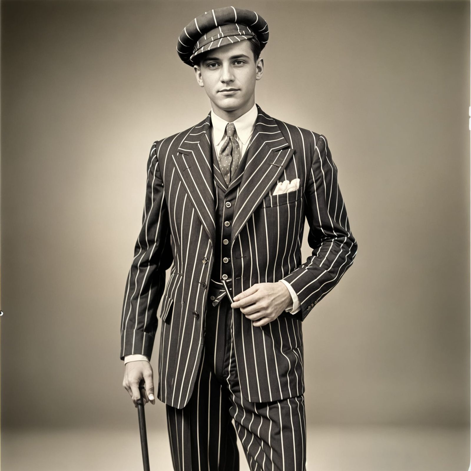 A guy from the 1920s in a striped zoot suit.   by @Valmont
