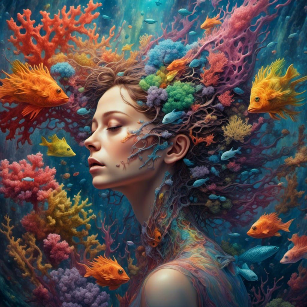 beautiful rainbow goddess woman in the ocean surrounded by intricate corals and fish <lora:Goddess Energy:1.0> hair rainbow nudibranchs