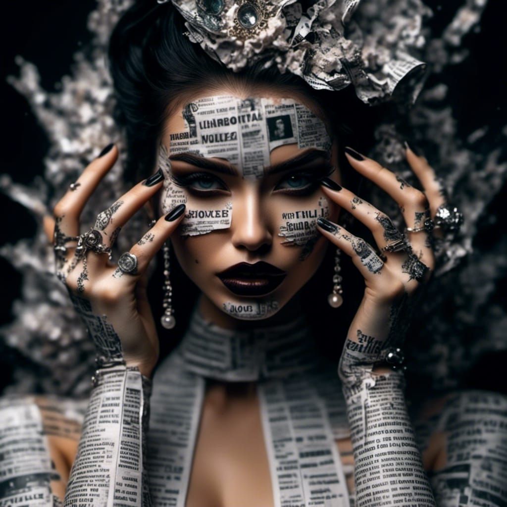 close up evil portrait newspaper skin beautiful woman , making signs with her hands, <lora:Newspaper Texture:1.0> <lora:ensidia:1.0> 