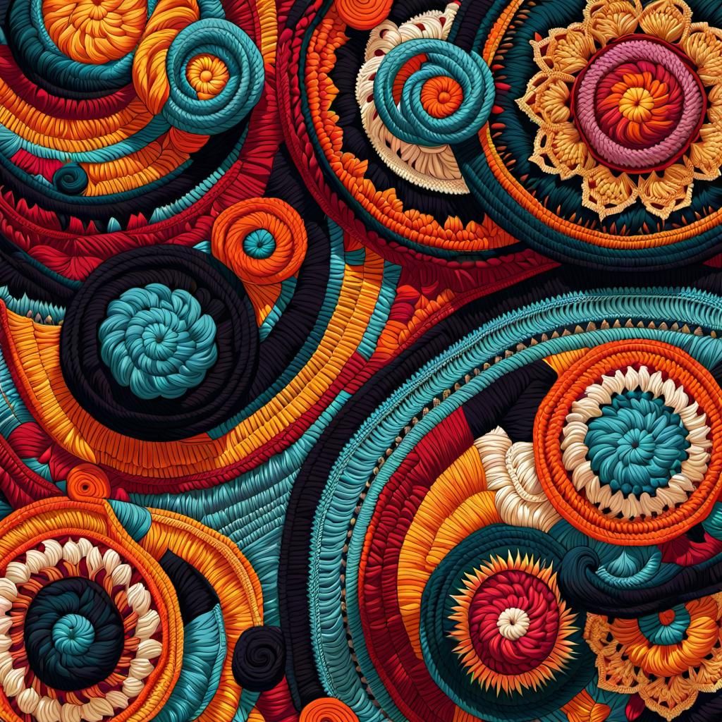 A beautiful colorful abstract tapestry; different textures; asymmetrical patchwork quilts; crochet ; ...  by @Livia ACumplice