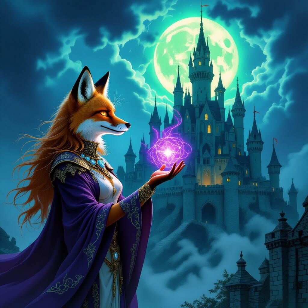 Female humanoid fox hypnotized over a medieval castle wearing a collar 