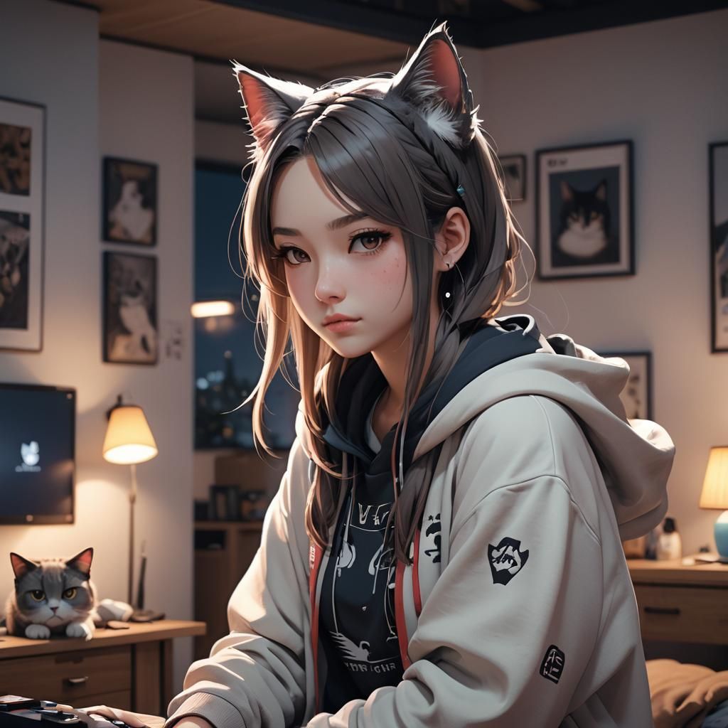 Girl Gaming in Cat Hoodie: 3D Anime Art