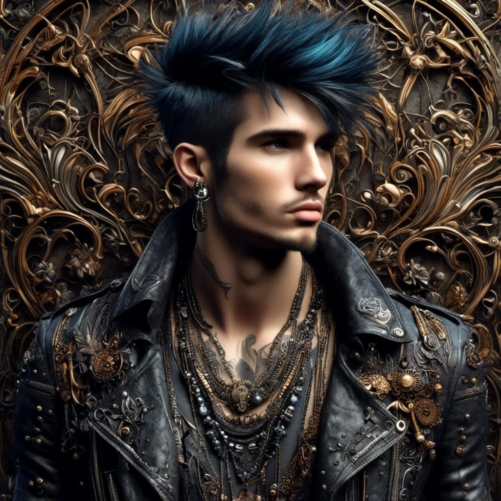 <lora:Art Nouveau Punk:1.0>dark haired punk man intricate details, HDR, beautifully shot, hyperrealistic, sharp focus, 64 megapixels, perfec...