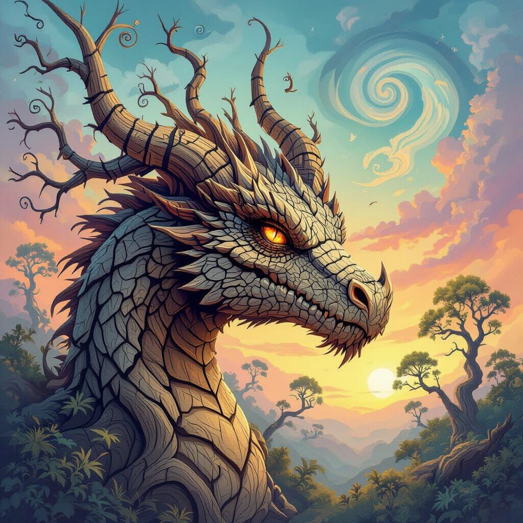 Fantasy art. A dragon wonderland. An iron bark tree resembles a dragon's head and face. Gouache swirls ...  by @Rustybandit 