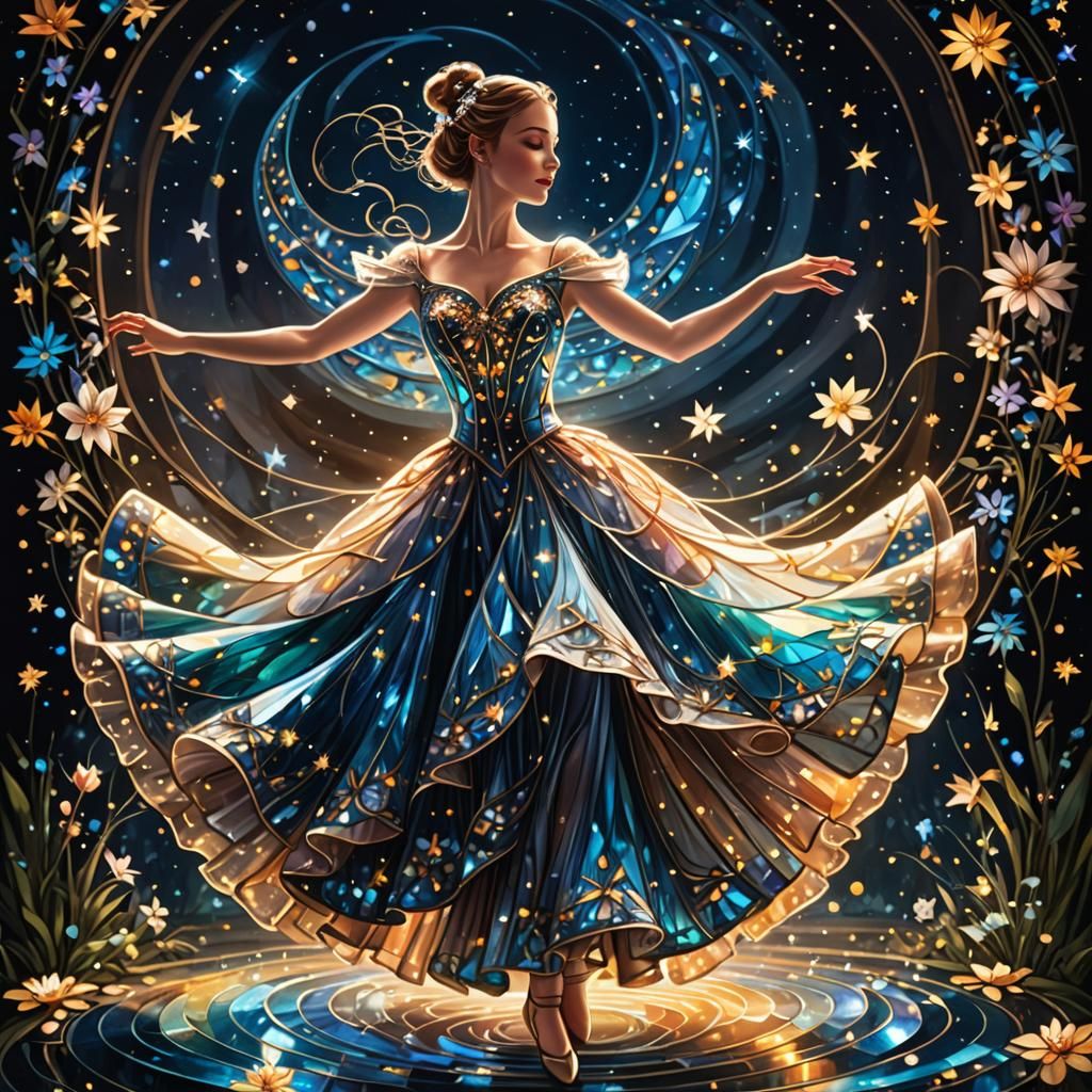 a graceful Ballerina crafted entirely out of stained glass, flying blowing sparkling swirling whirling ...  by @Uttia Majumdar