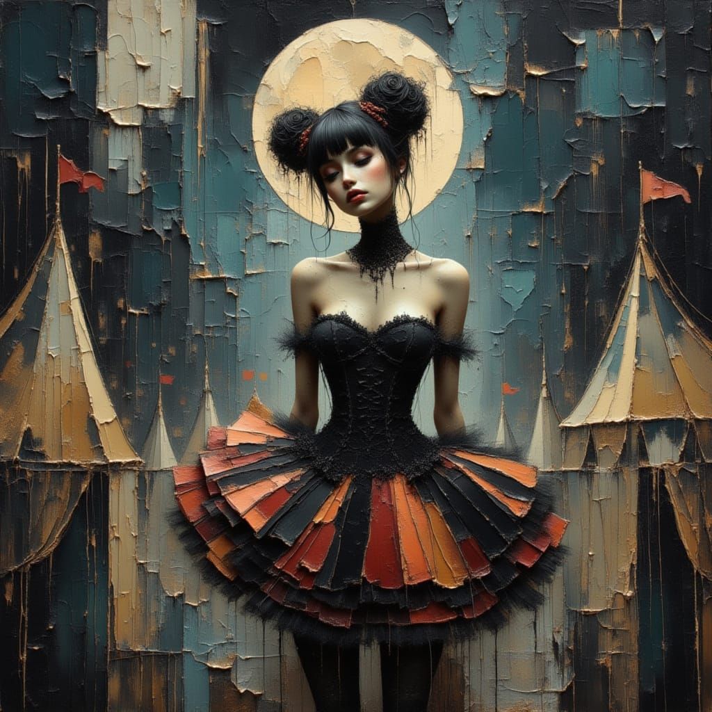 <lora:Circus Noir:1.0> <lora:Akimora:1.0> <lora:divineOil:1.0> <lora:Moonchild:1.0> A cinematic Moonchild goddess in Circus Noir glamour, br...