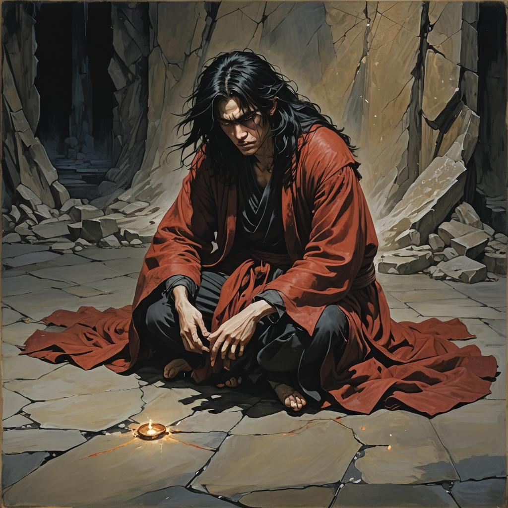 Young man crouched on the floor. Angry tears. Screaming. Long wild black hair. Torn stained red robe. Golden ring on the floor.