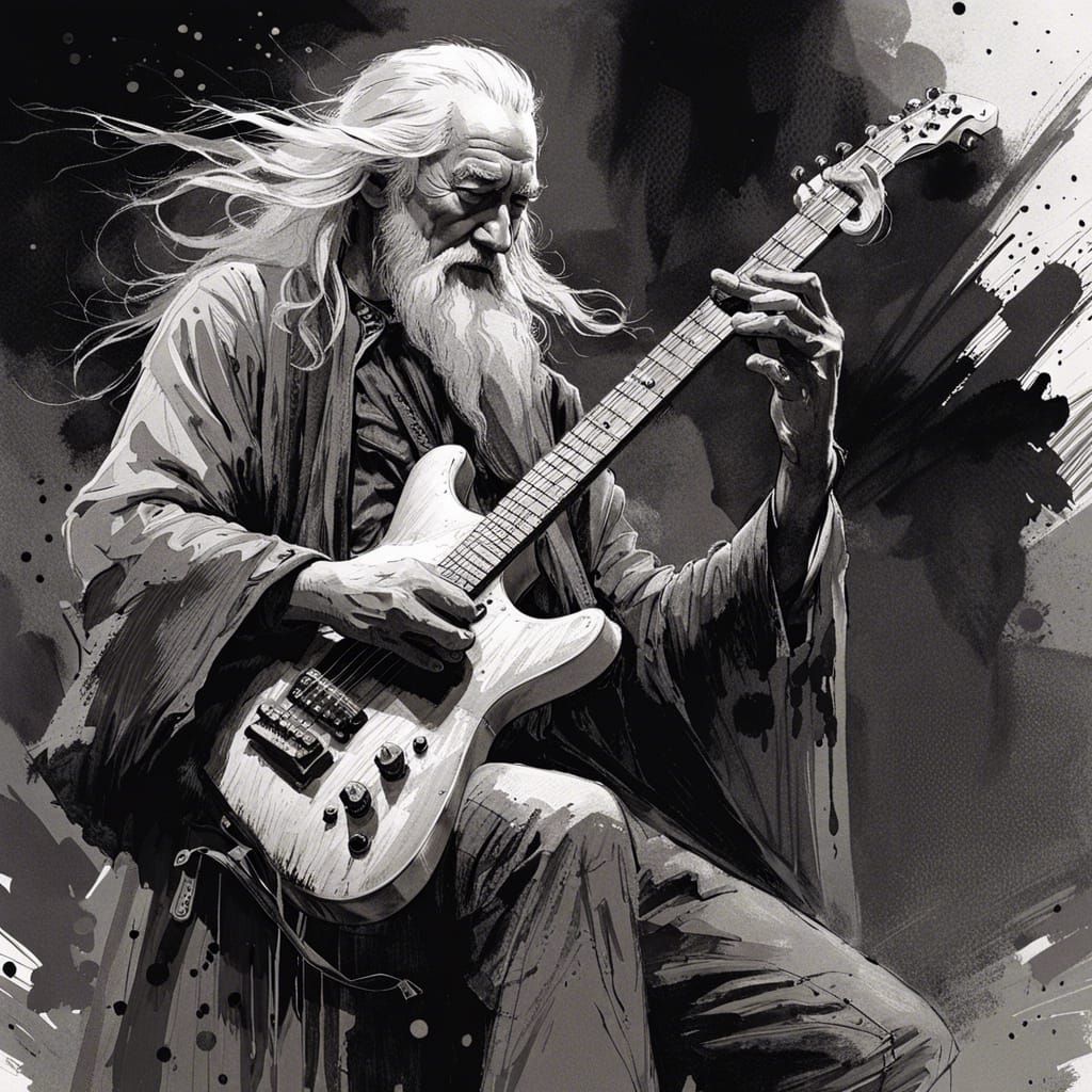 Ink illustration of Gandalf playing the electric guitar, riffing it out on stage, emotions, ink illustration, ...  by @HarrietM