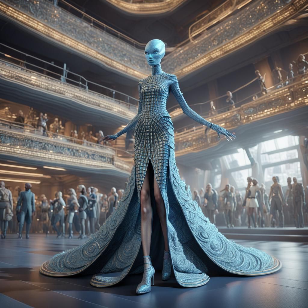 Friendly alien in 3D, catwalk model, wearing a futuristic dr...