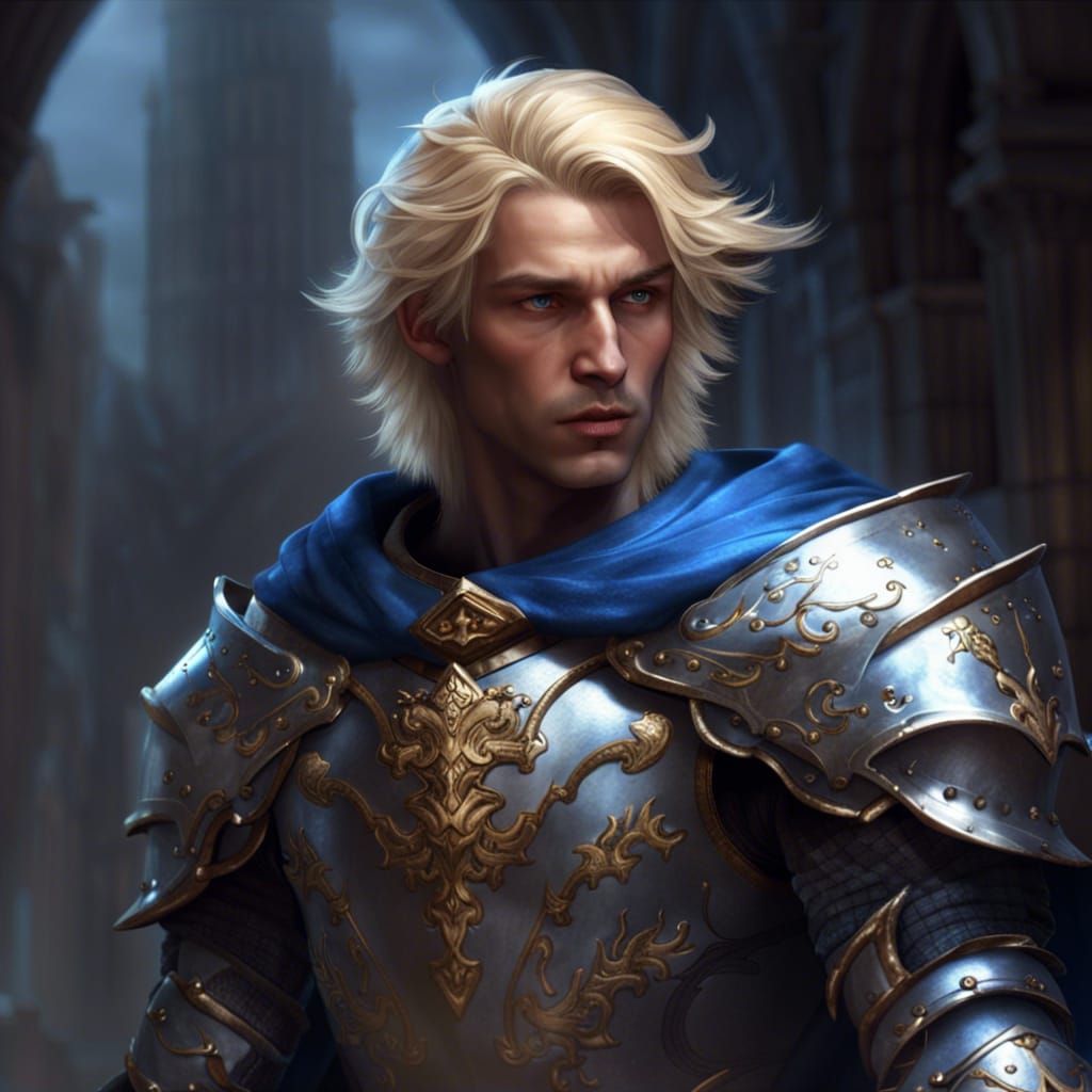 A male Blonde once noble Knight in beautiful silver Armor with a blue ...