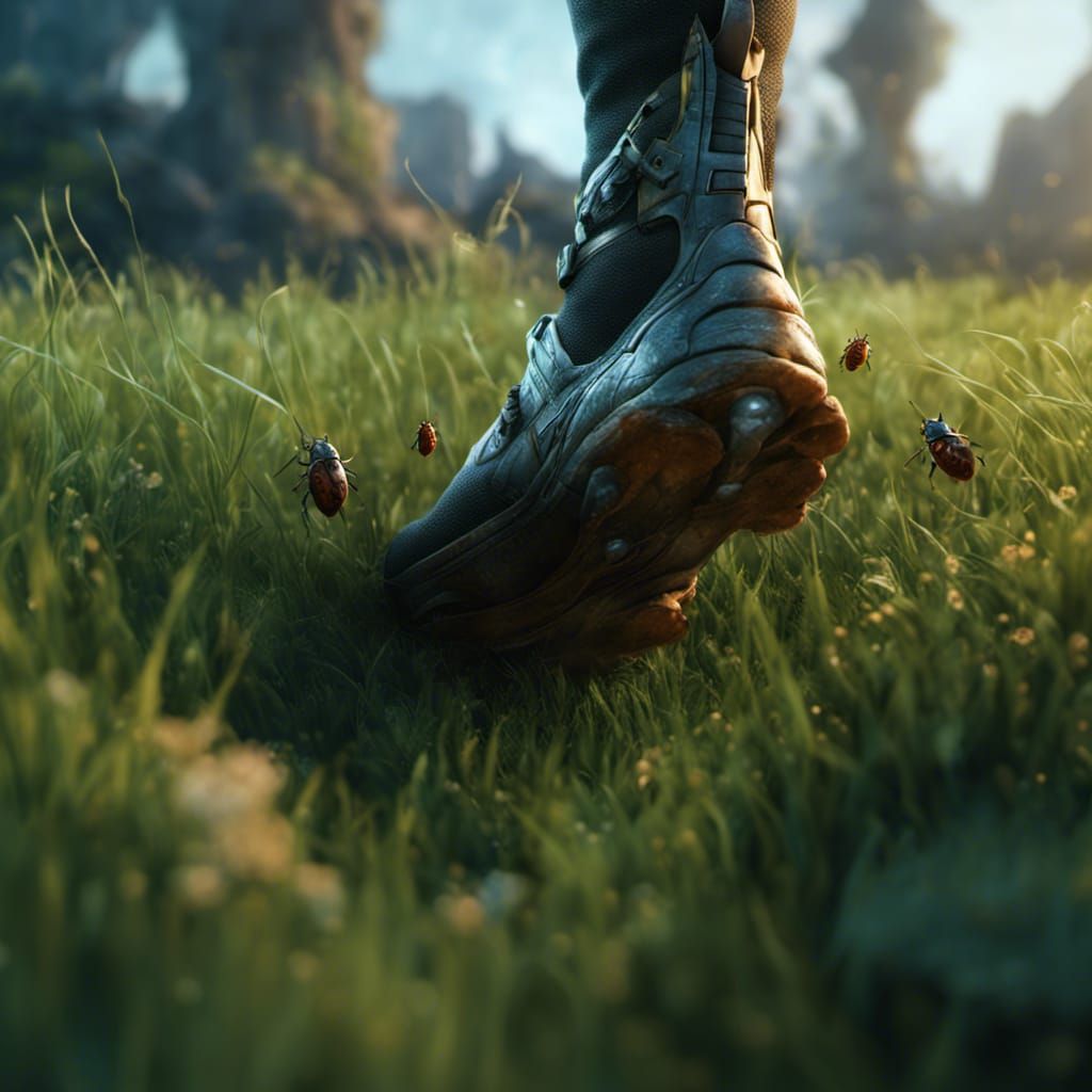 Detailed Bug's-Eye View of Foot in Grass