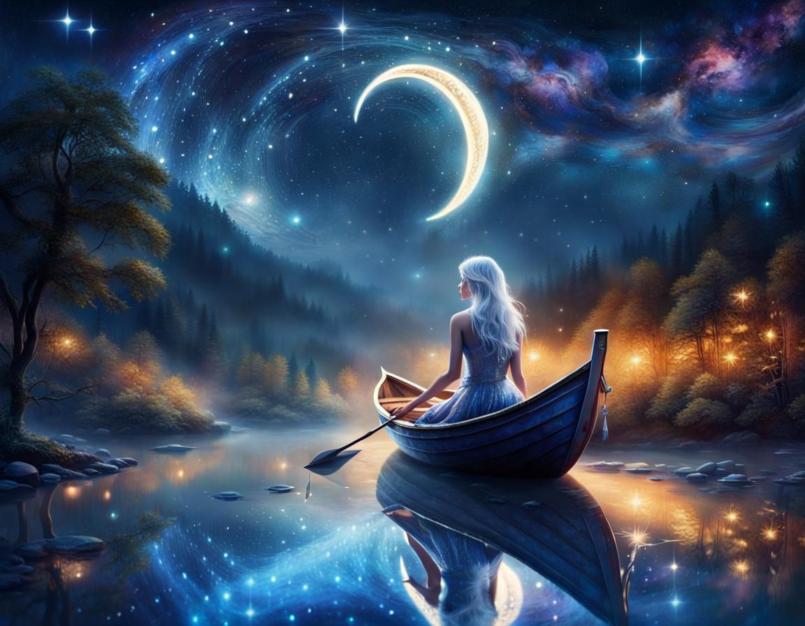 Girl in a boat on a moonlit night
