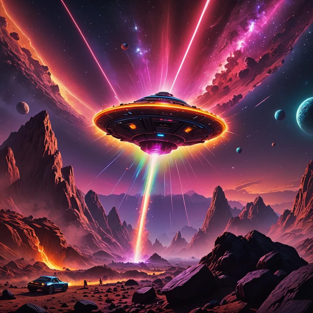 A 1980’s style vector graphics painting with neon colors of ...