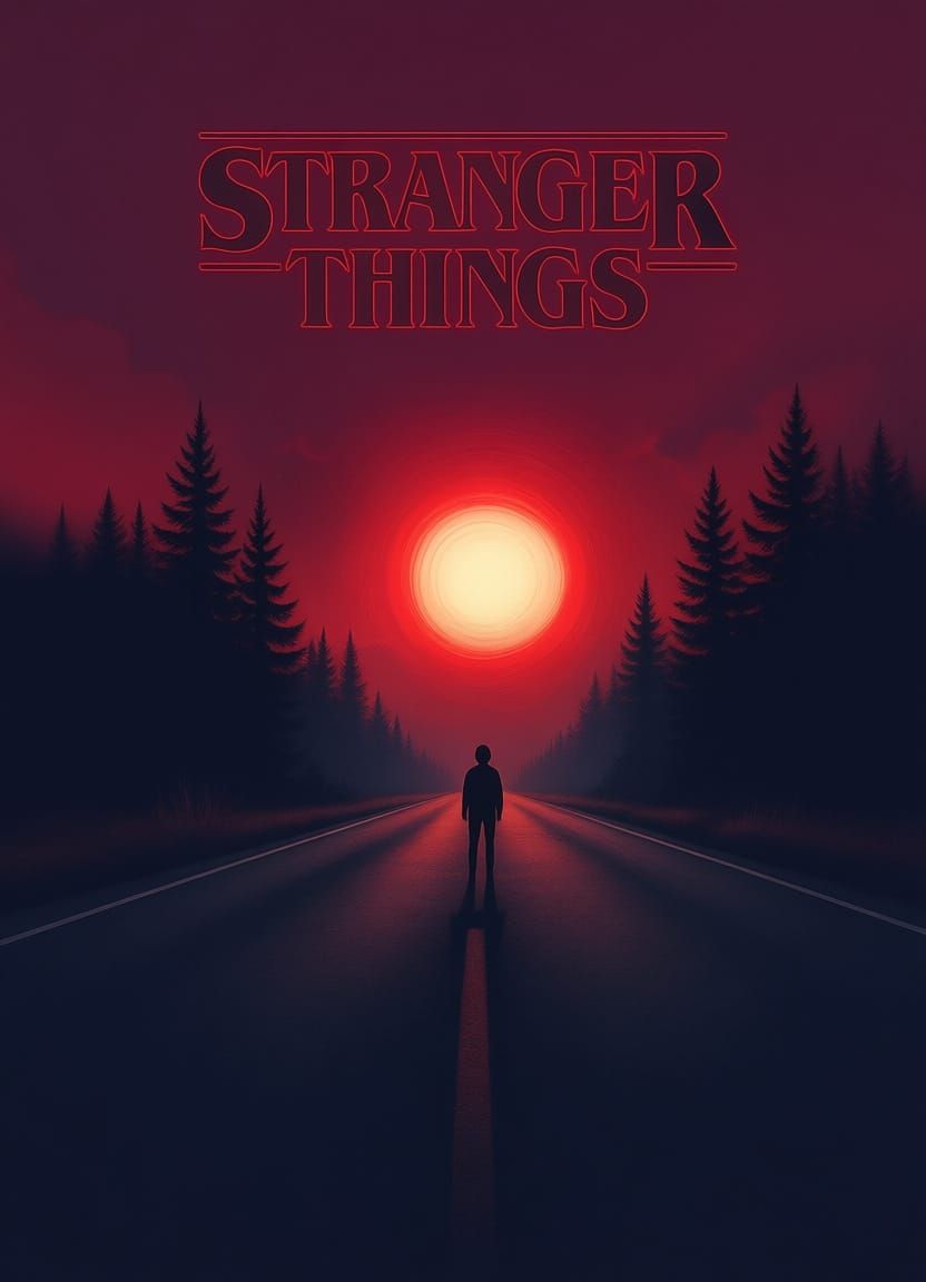 A dark, atmospheric Stranger Things–themed scene. At the top is the show’s iconic red logo. Below it, Will Byers stands on a deserted road a...