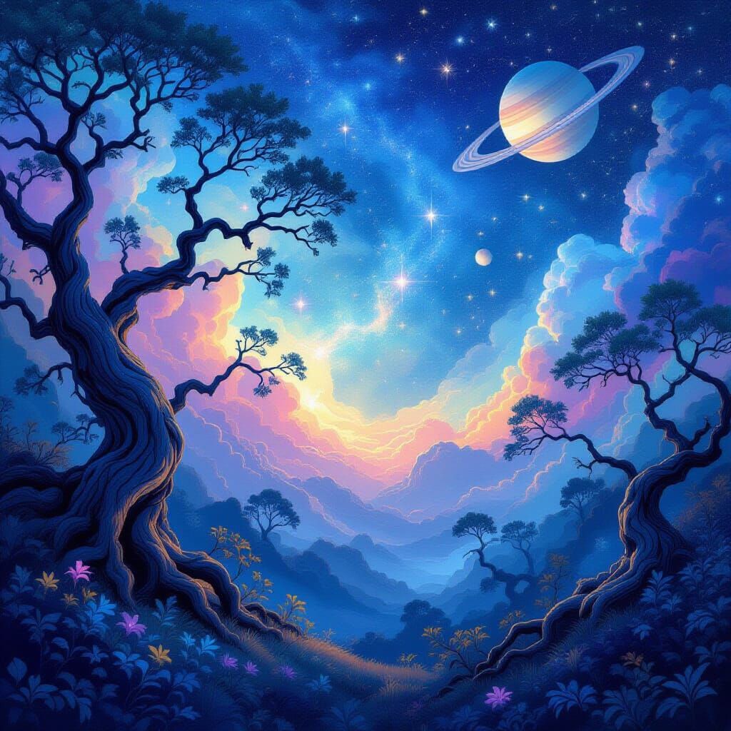 A celestial landscape where swirling nebulae meet ancient, gnarled trees. 