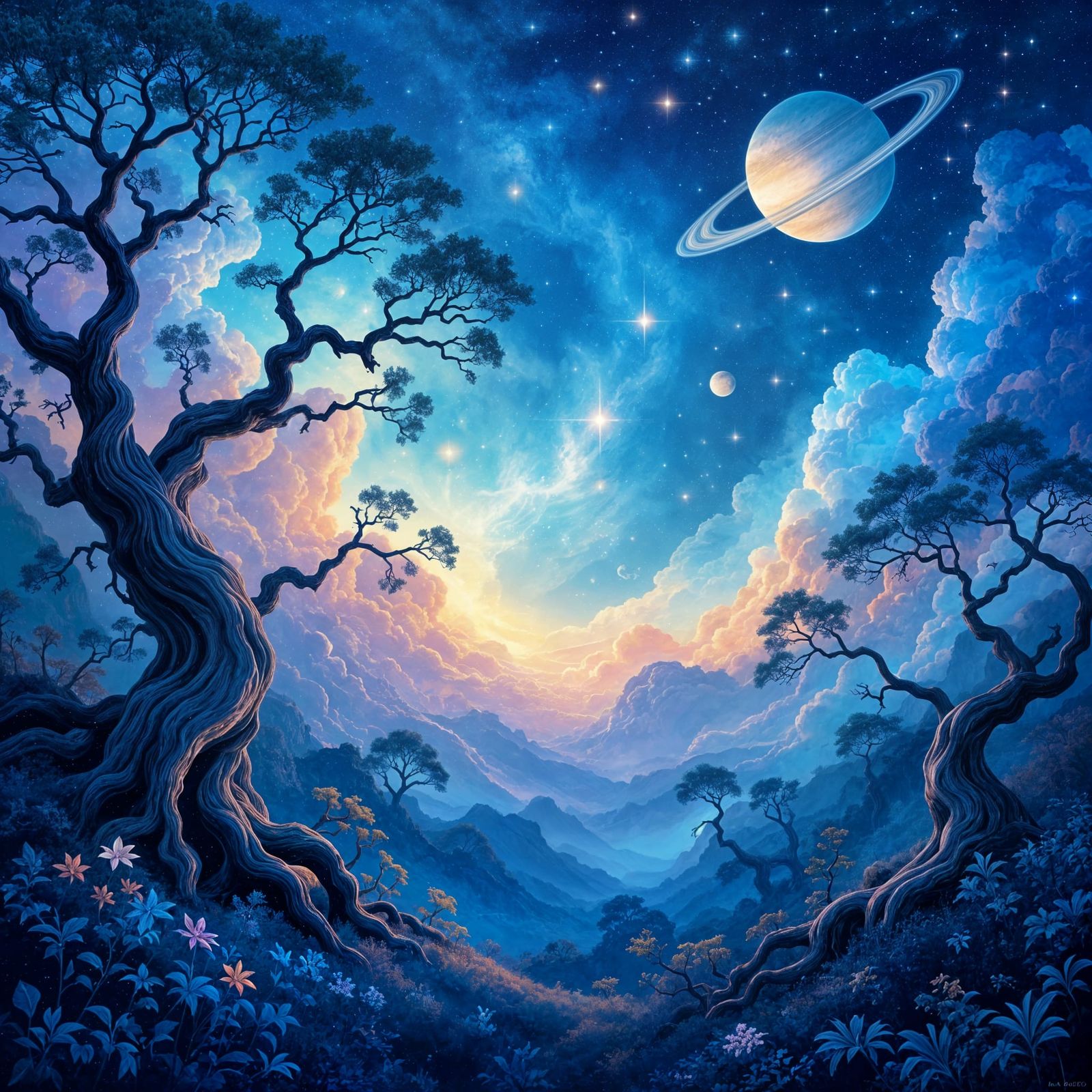 A celestial landscape where swirling nebulae meet ancient, gnarled trees. Stars and cosmic dust form ...  by @MARIUS CHIVU