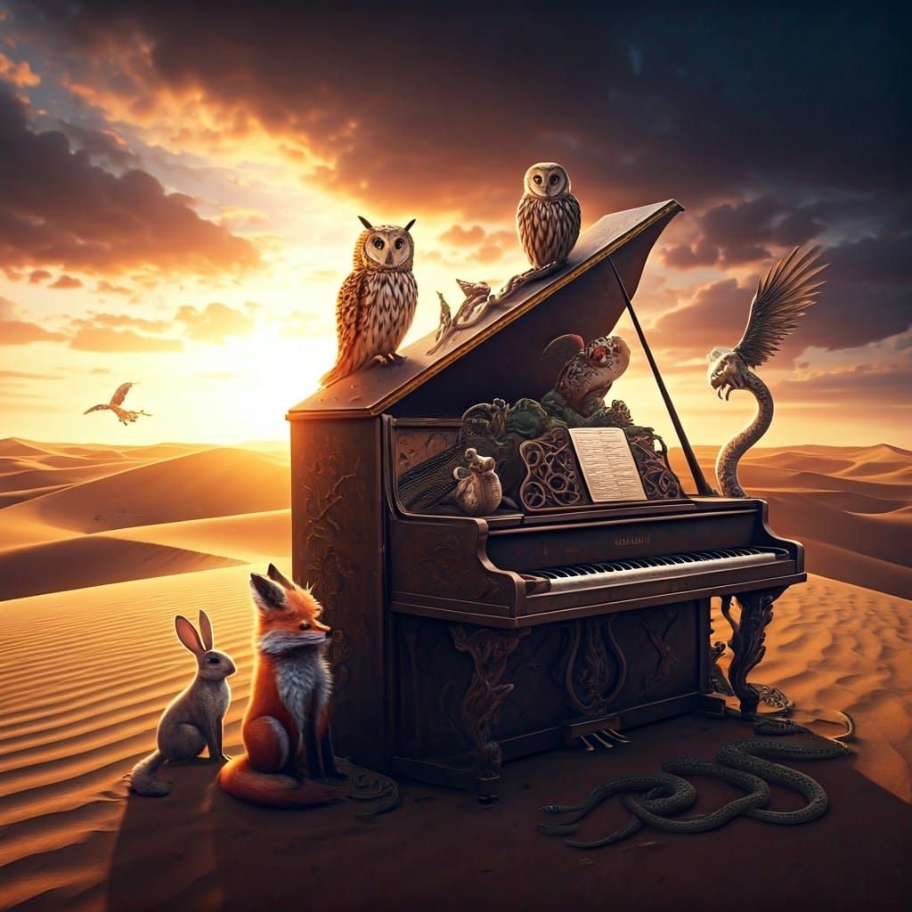 Desert Piano: A Surreal Gathering Under Setting Sun
