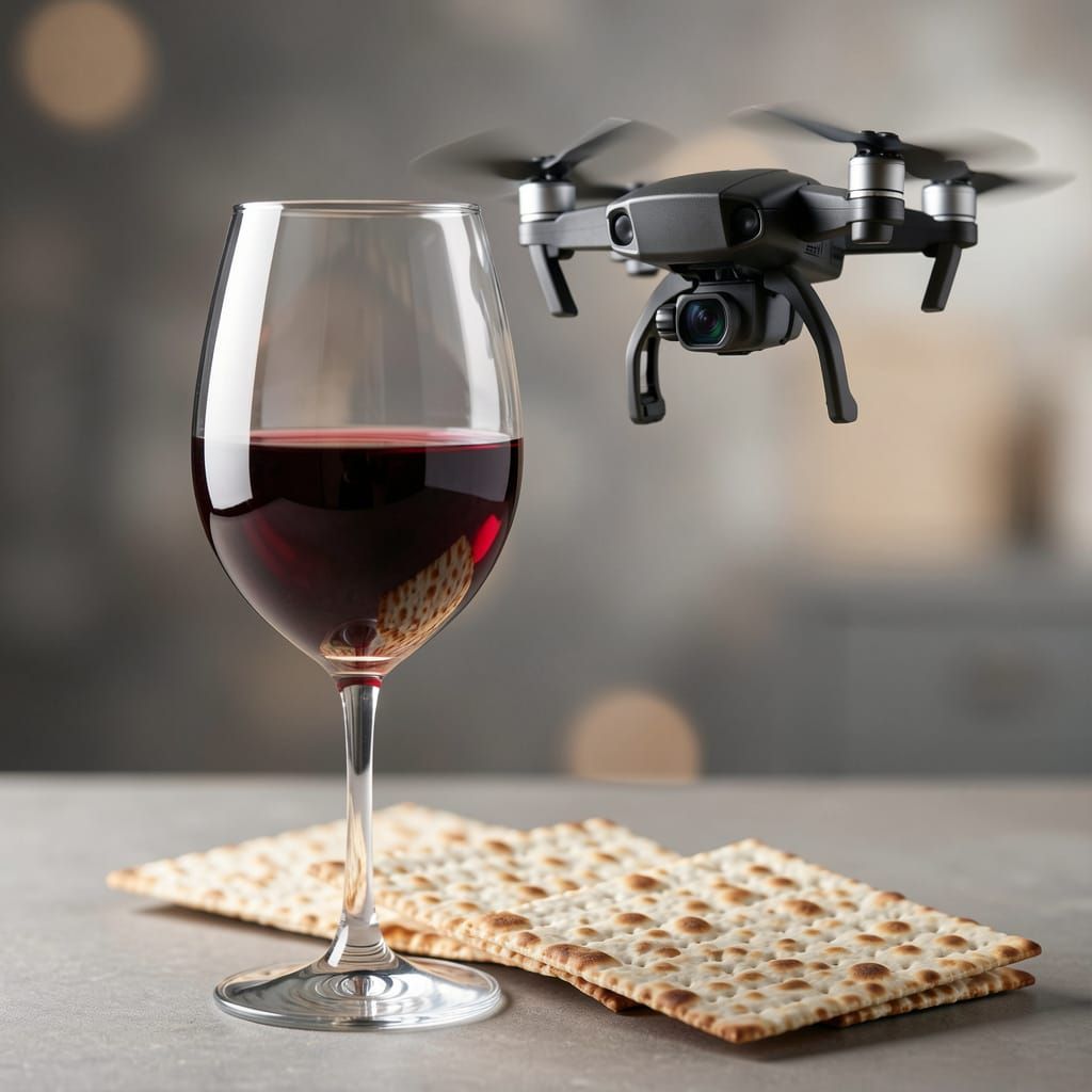 Photorealistic Drone Over Wine Glass and Matzah