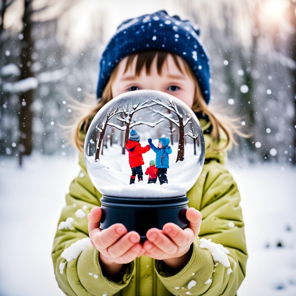 child holding a snowglobe containg children at play in the s...
