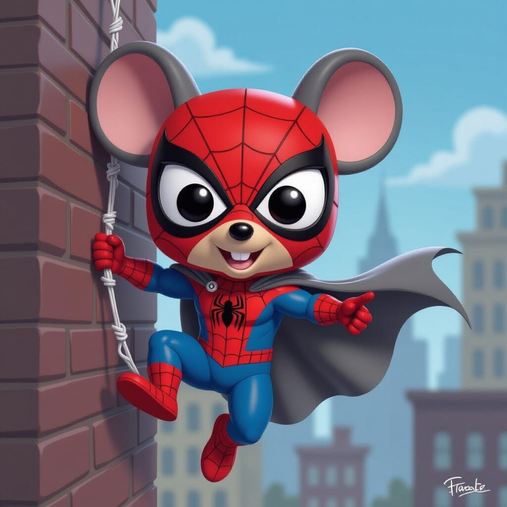 A humorous cartoon caricature of Finn, the anthropomorphic mouse adventurer, portrayed as Spider-Man in the style of a Funko Pop figure. He ...