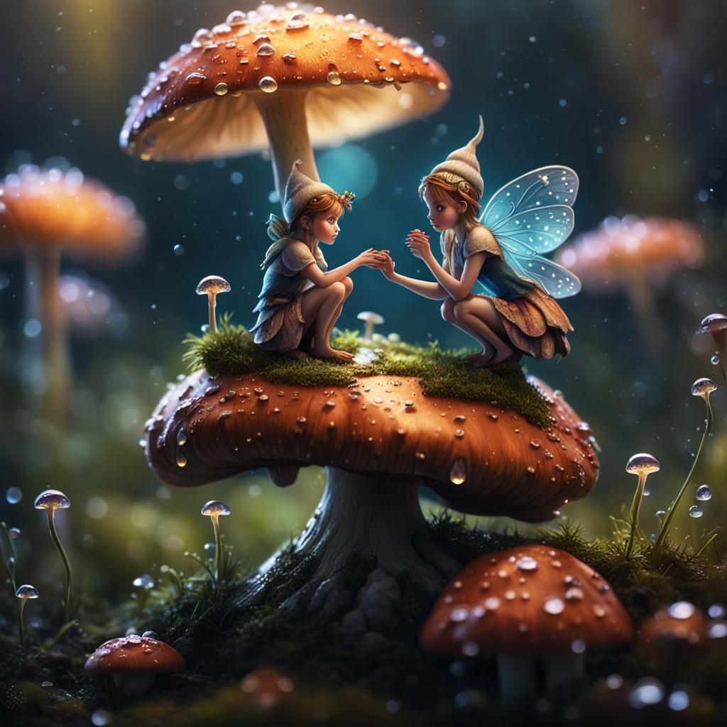 Macro photography of a tiny fairy sitting on a mushroom. Dew...