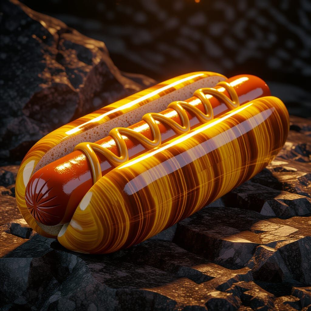 
A hot dog made of gemstones. The hot dog is a giant tiger's eye stone.  by @Anna