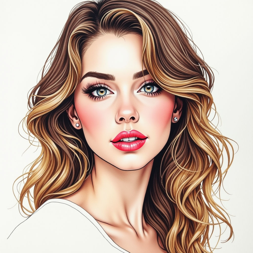 Colored Pencil And Ink, Portrait of a beautiful woman