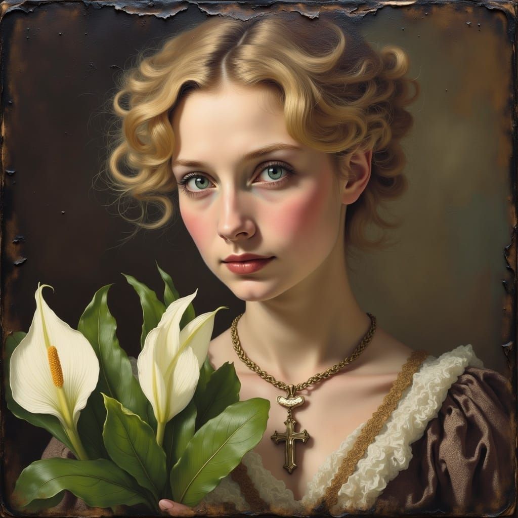 <lora:Alice in Wonderland:1.0> Gorgeous blond woman with a cross necklace holds a peace lily bouquet, historical oil painting