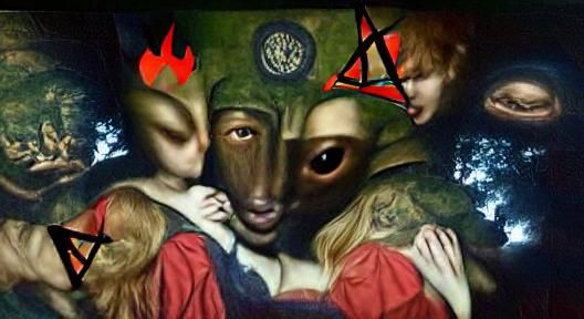 Illuminati and Aliens loves Satan in a dark wood, renaissanc...