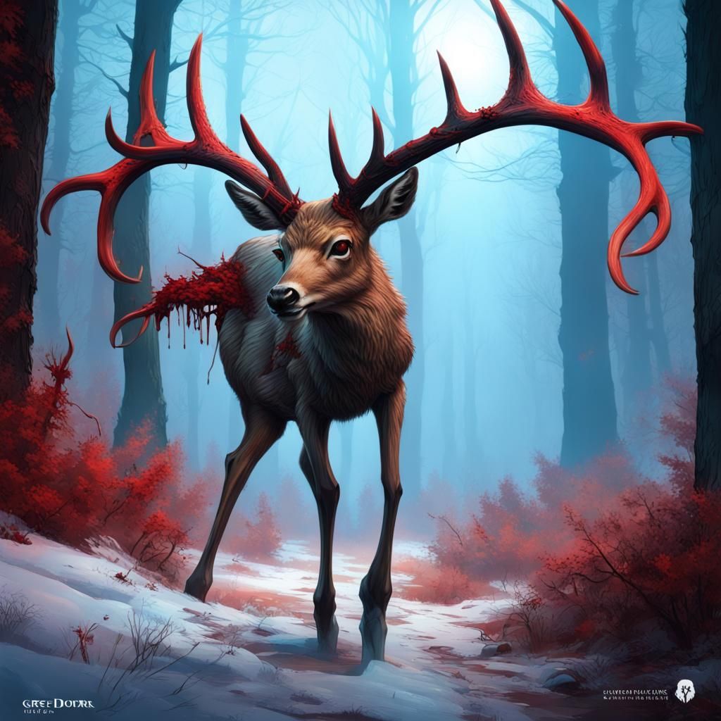 Murderous Deer bloody antlers creeps weirdly through the winter forest ...