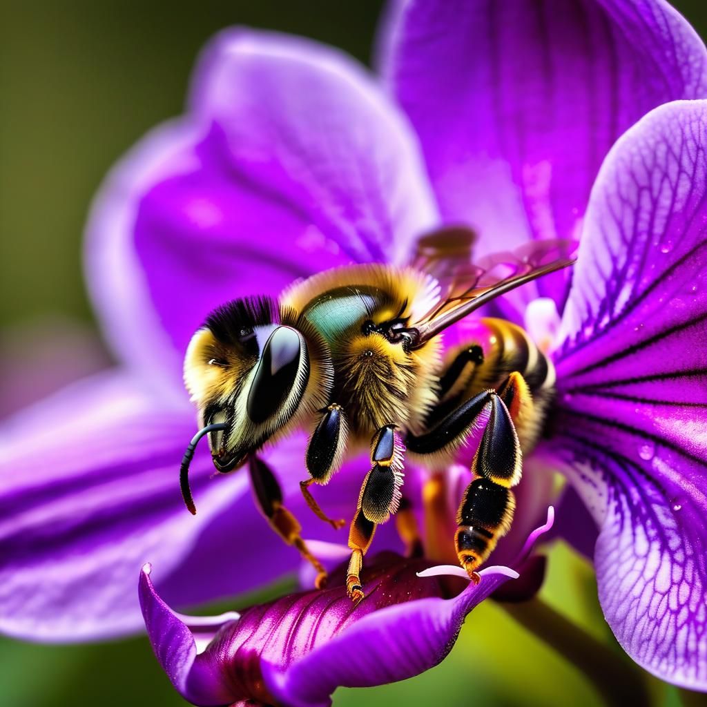 Macro Photography of a bee perched on a purple orchid flower...