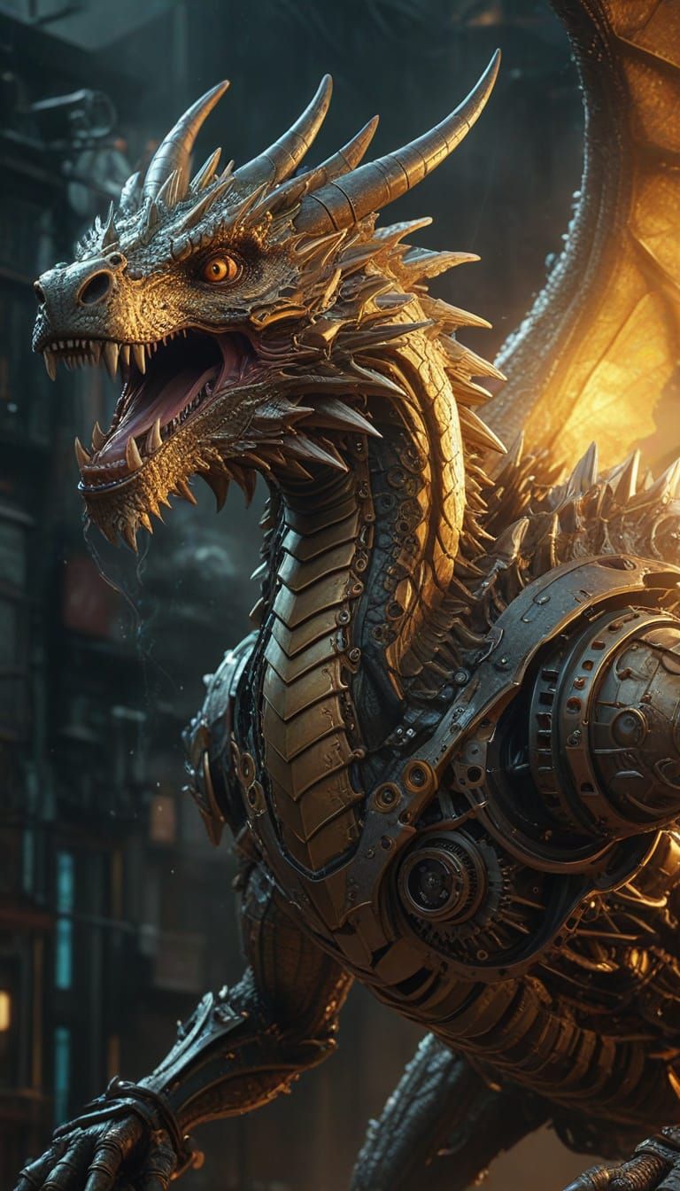 Add a massive, floating, clockwork, (((cyberpunk and steampunk elements intertwine)))  dragon overhead, spewing mist, hyperrealistic, hyper-...