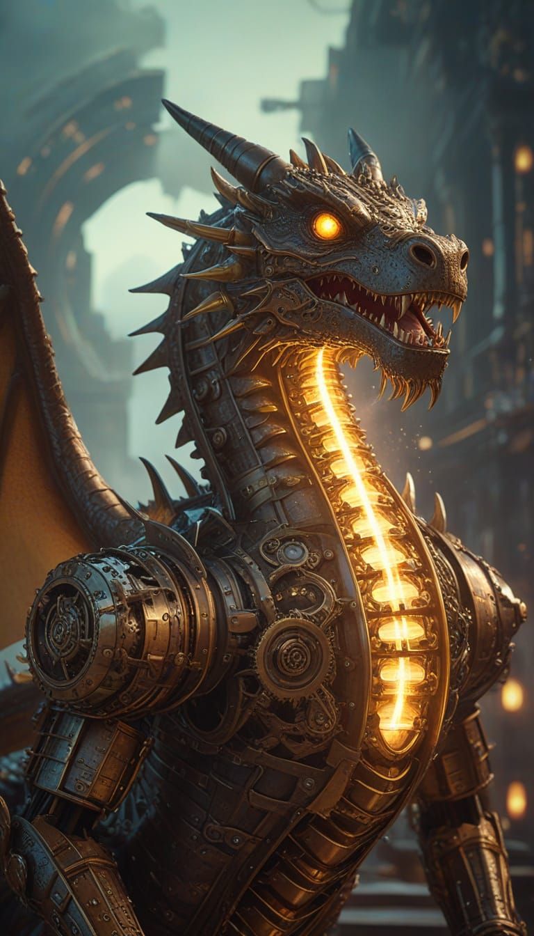 Add a massive, floating, clockwork, (((cyberpunk and steampunk elements intertwine)))  dragon overhead, spewing mist, hyperrealistic, hyper-...