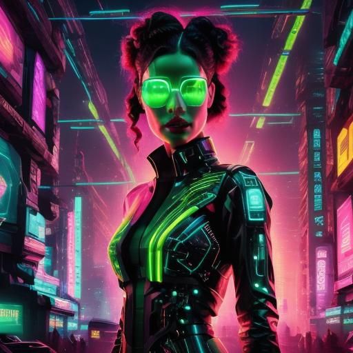 <lora:Murraypunk SD15:1.0> Portrait of a woman android connected to green circuits, hacker circuits behind it, falling into technoir wormhol...
