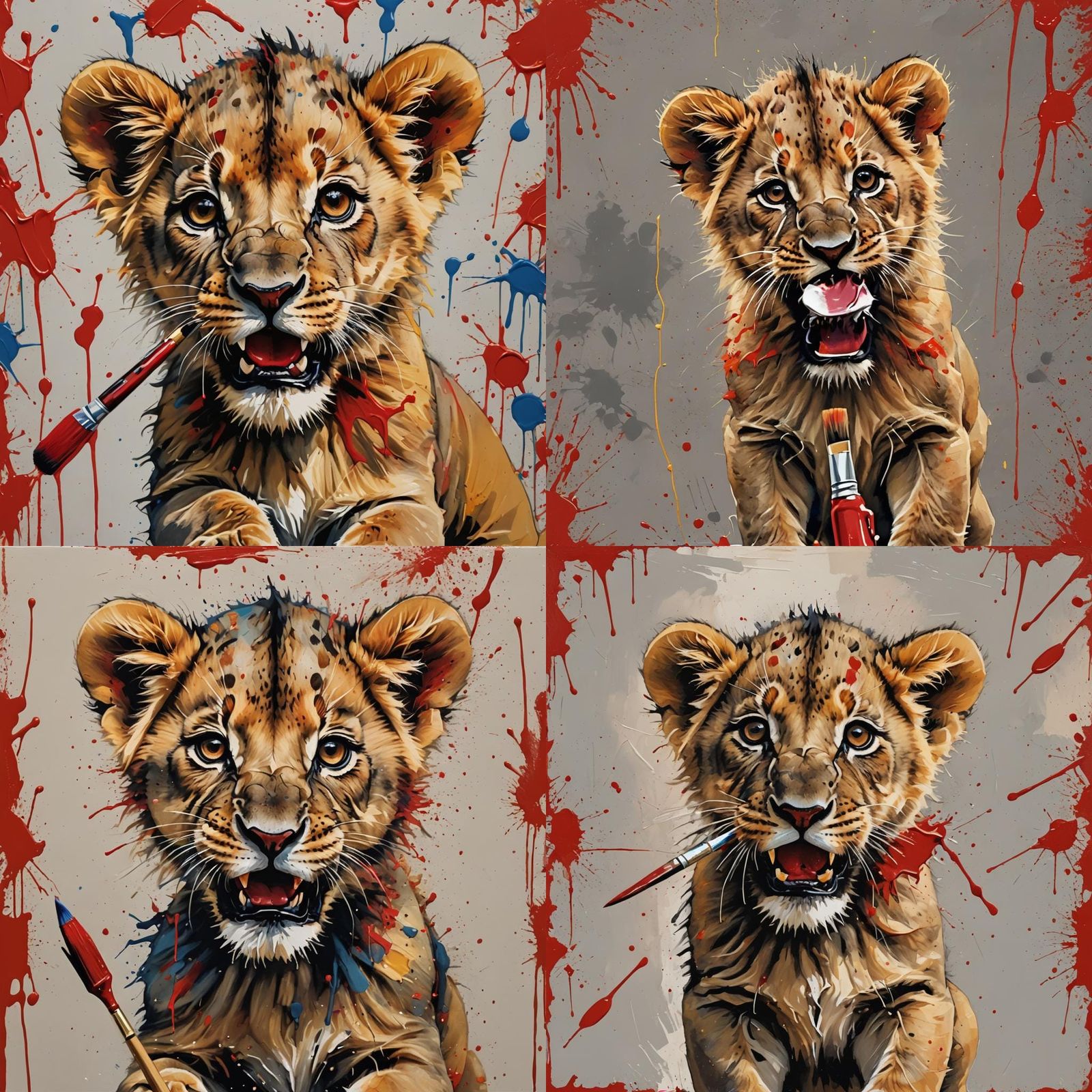 baby lion with paint brush in it's mouth. the paintbrush as ...